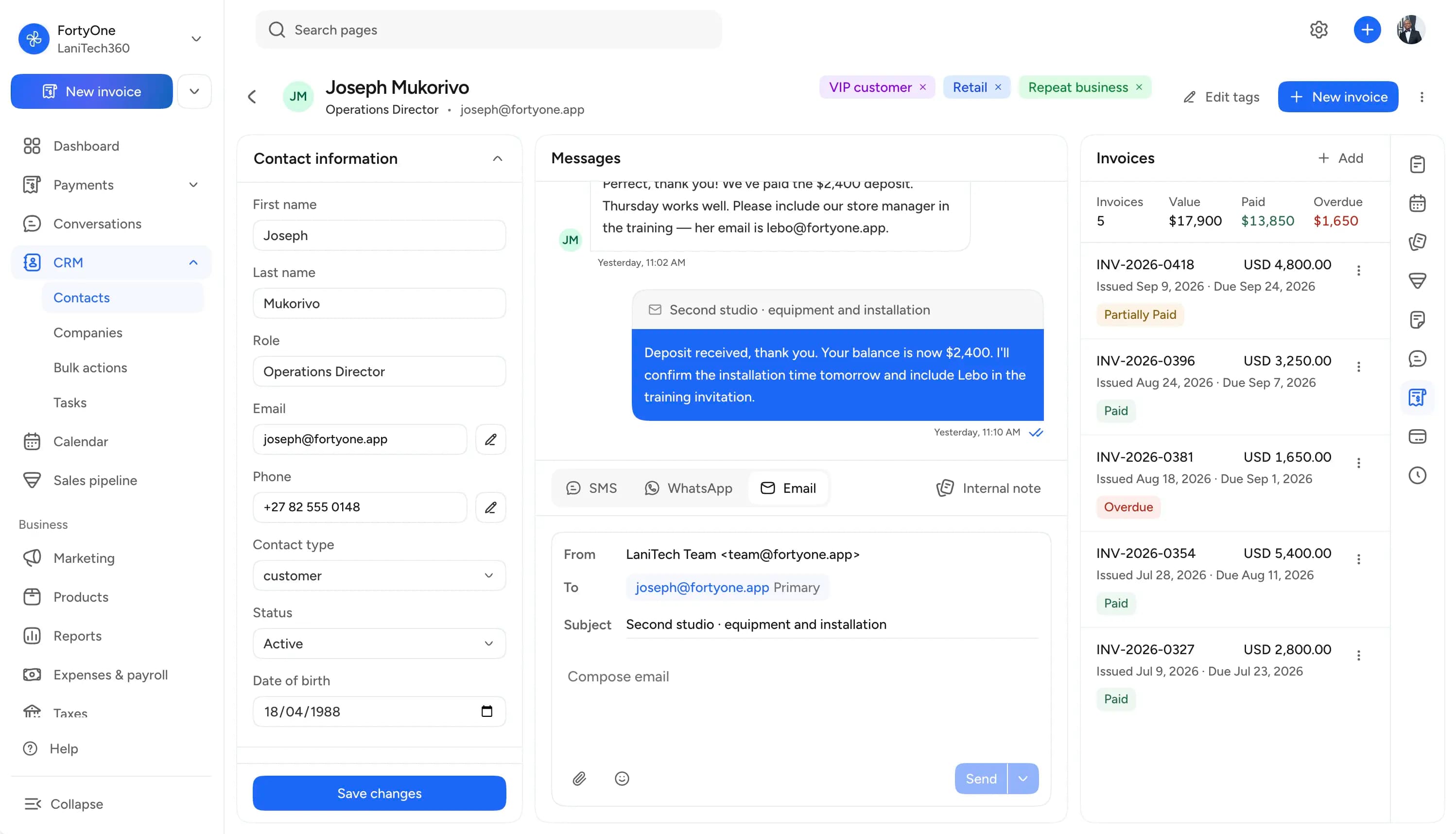 LaniTech360 customer record showing contact details, tags, email conversations and invoice payment history