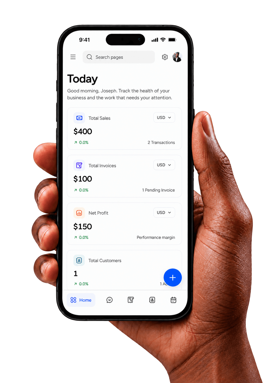 A hand holding an iPhone displaying the LaniTech360 mobile dashboard