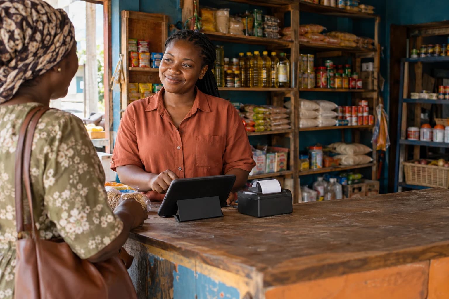 A neighbourhood shop owner serving a customer using a tablet and a compact receipt printer